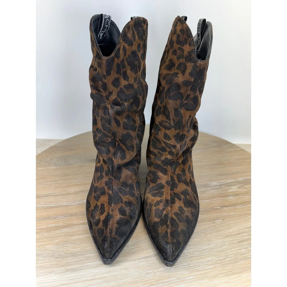 Elena Iachi Leopard Suede Slouch Western Boots 40 9 Pointed Toe Italy